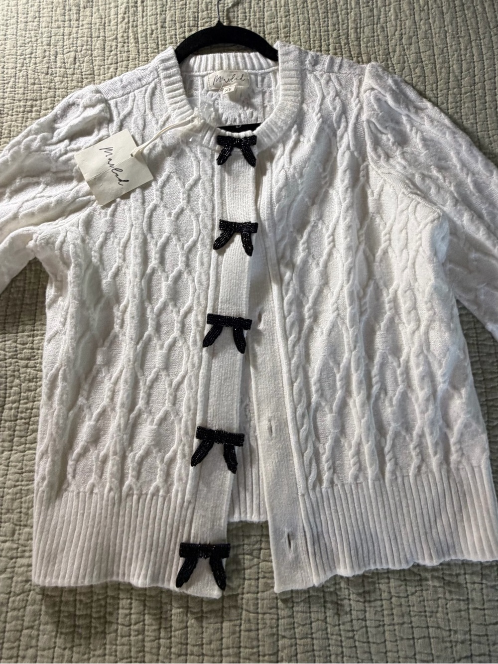 Marled Boxy Button Cardigan with decorative black beaded bows- 
NWT’s Sz XS